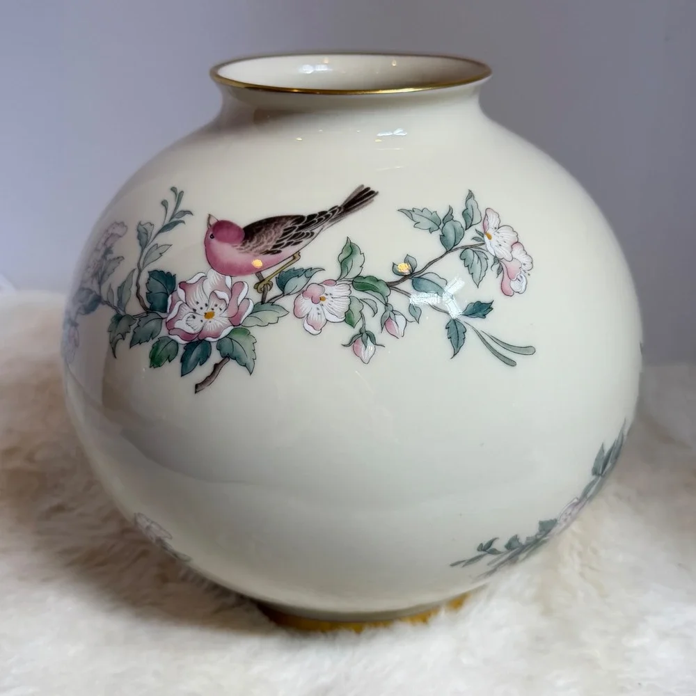 Lenox Serenade Globe Vase 24K Gold Trim Pink Flowers Bird ~ Vintage Hand Painted